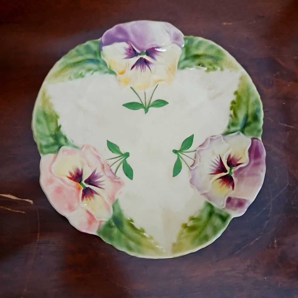 French Majolica Choicy le Roi Pansy Dragonfly.plate c 1860